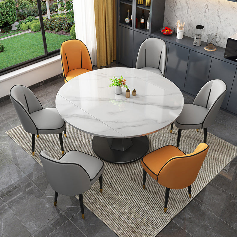 Modern Style Sintered Stone Dining Table White Round Drop-Leaf Table with Pedestal Base