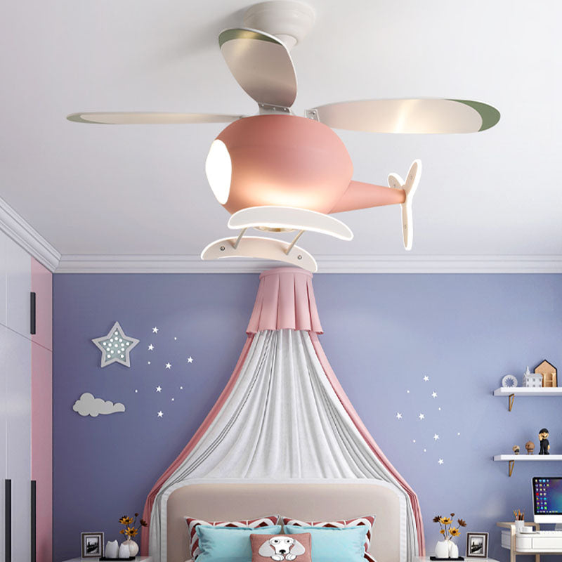 Kids Artistic LED Fan Light Wrought Iron Airplane Pendant Light with Acrylic Shade