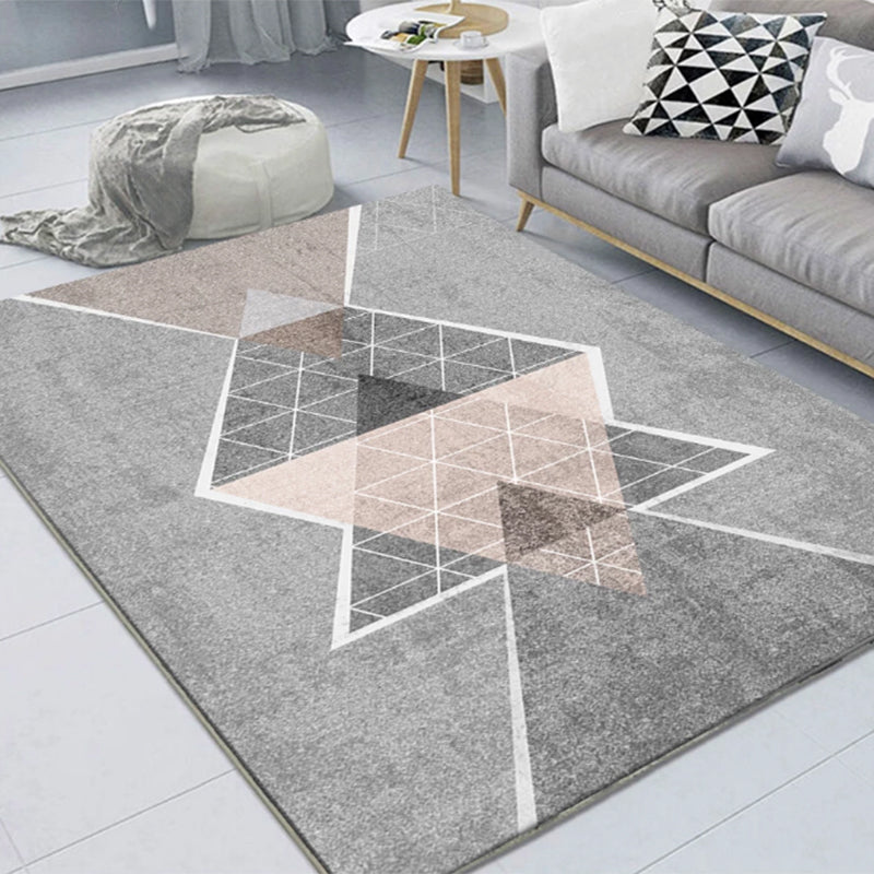 Grey Modern Area Carpet Geometric Pattern Polyester Area Rug Anti-Slip Washable Rug for Home Decor