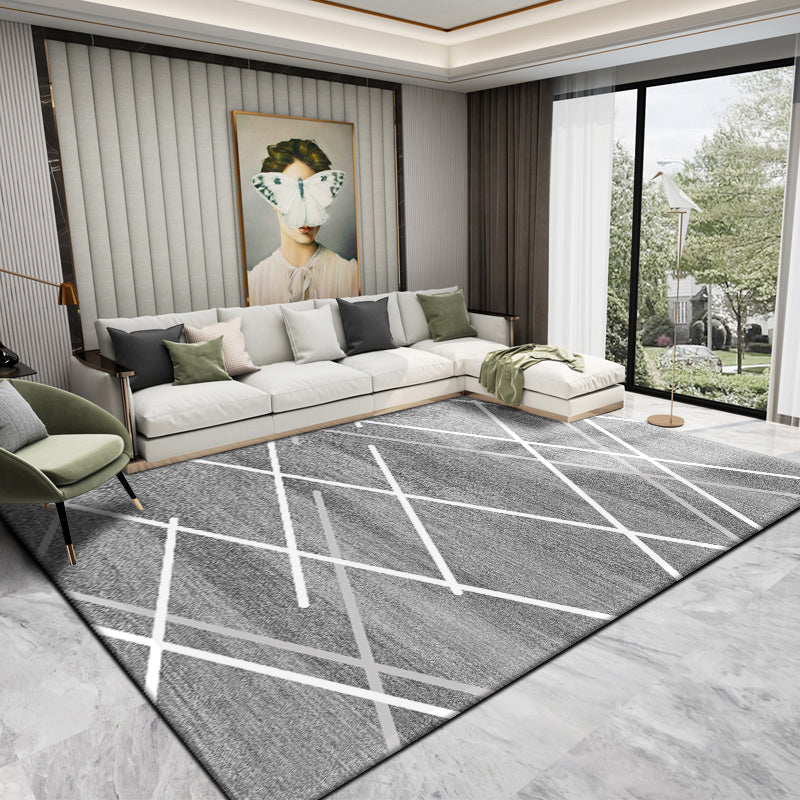 Grey Modern Area Rug Geometric Pattern Polyester Area Carpet Anti-Slip Rug for Home Decor