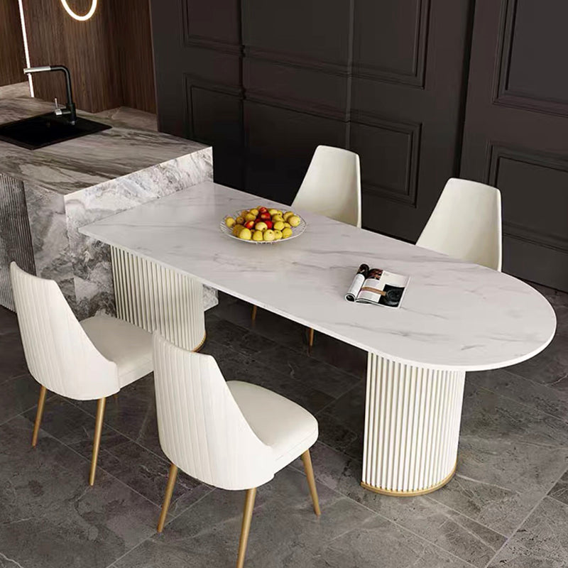 Free Form White Dining Table Sintered Stone Table Modern with Double Pedestal