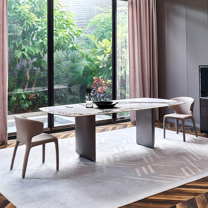 Rectangle Sintered Stone Dining Table Modern Table in White with Metal Double Pedestal