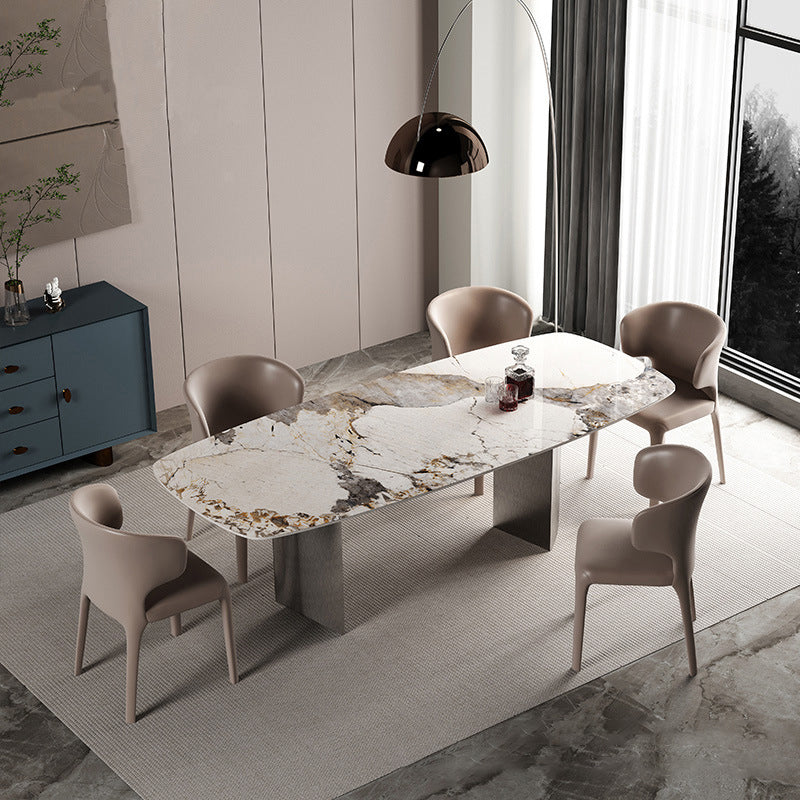 Rectangle Sintered Stone Dining Table Modern Table in White with Metal Double Pedestal