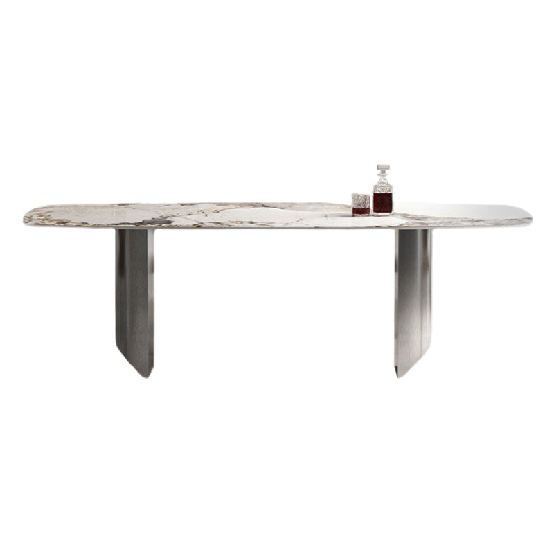 Rectangle Sintered Stone Dining Table Modern Table in White with Metal Double Pedestal