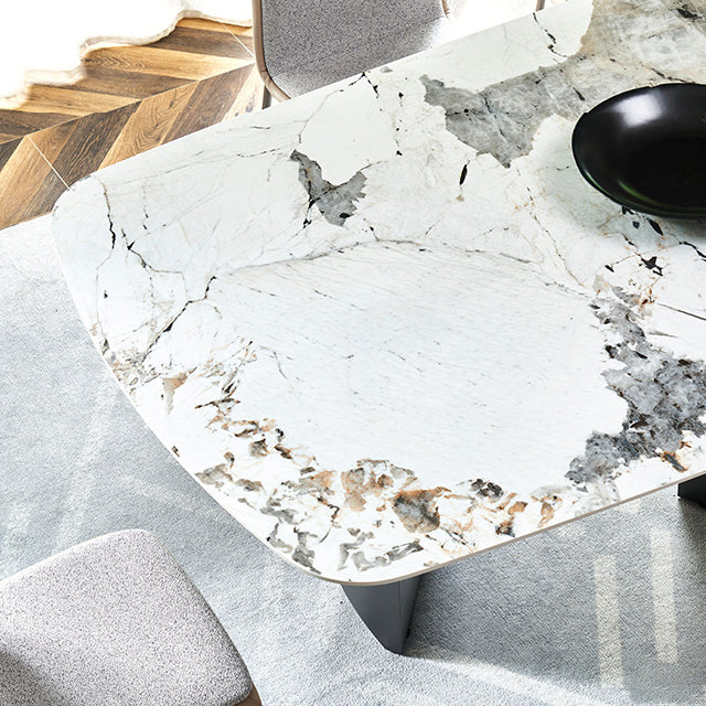 Rectangle Sintered Stone Dining Table Modern Table in White with Metal Double Pedestal