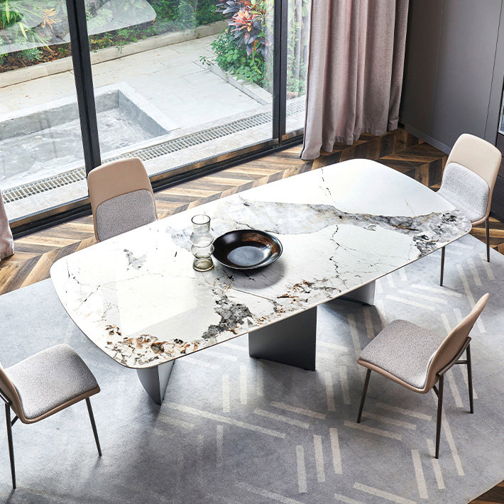 Rectangle Sintered Stone Dining Table Modern Table in White with Metal Double Pedestal