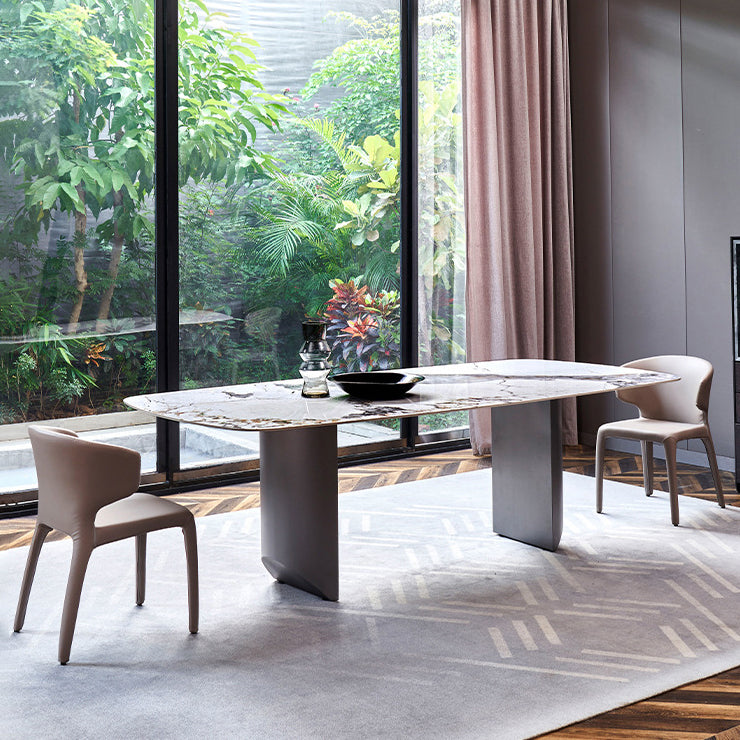 Rectangle Sintered Stone Dining Table Modern Table in White with Metal Double Pedestal