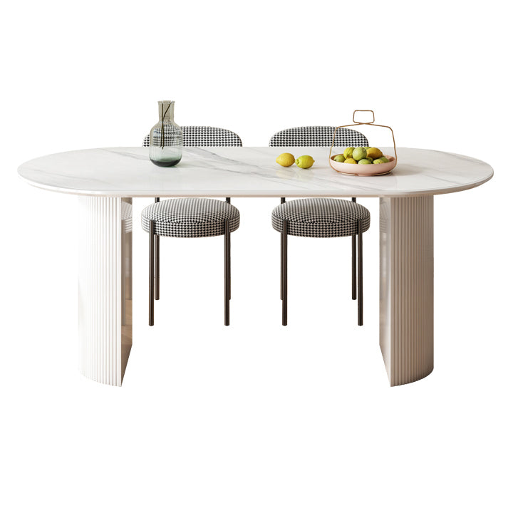Ovale witte eettafel Gesinterde stenen tafel Eigentijds met dubbel voetstuk