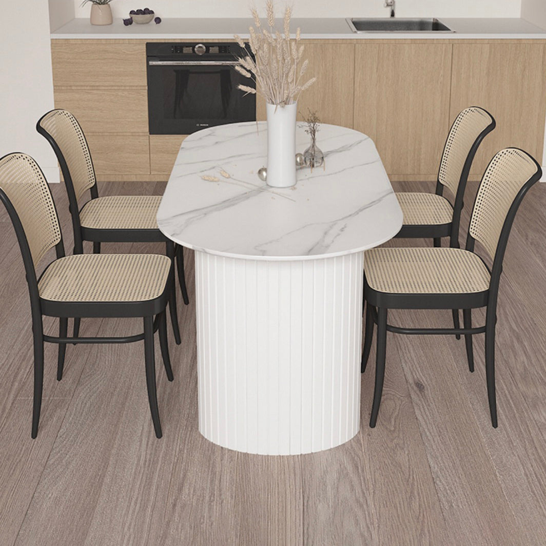 Ovale witte eettafel Gesinterde stenen tafel Eigentijds met dubbel voetstuk