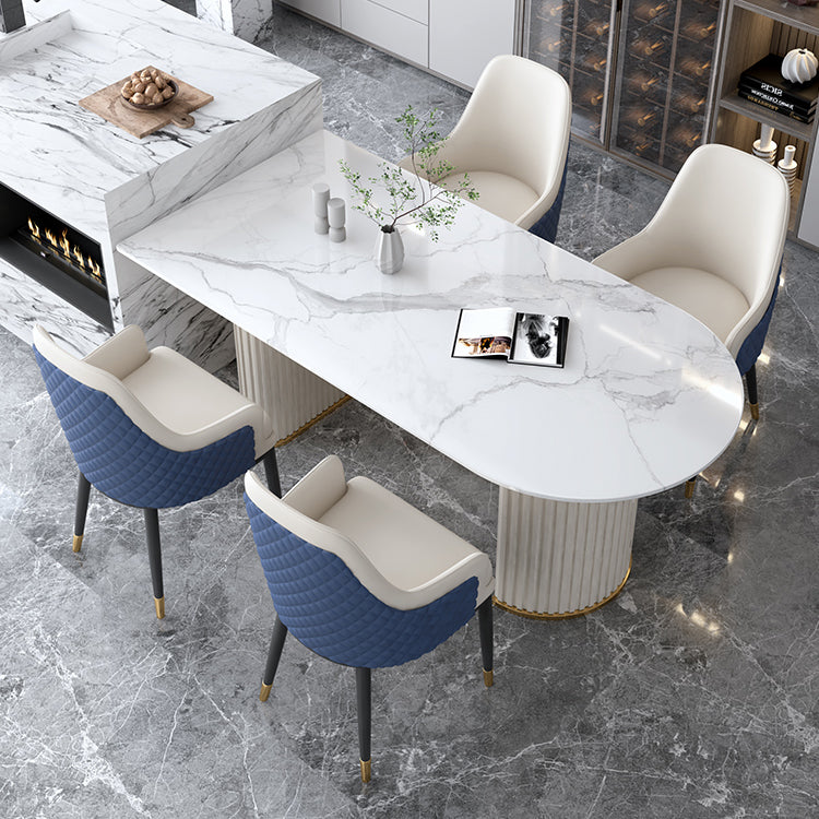 Irregular Island Sintered Stone Dining Table Modern Table in White with Metal Double Pedestal