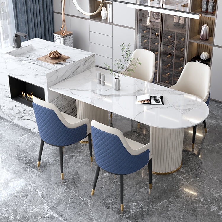 Irregular Island Sintered Stone Dining Table Modern Table in White with Metal Double Pedestal