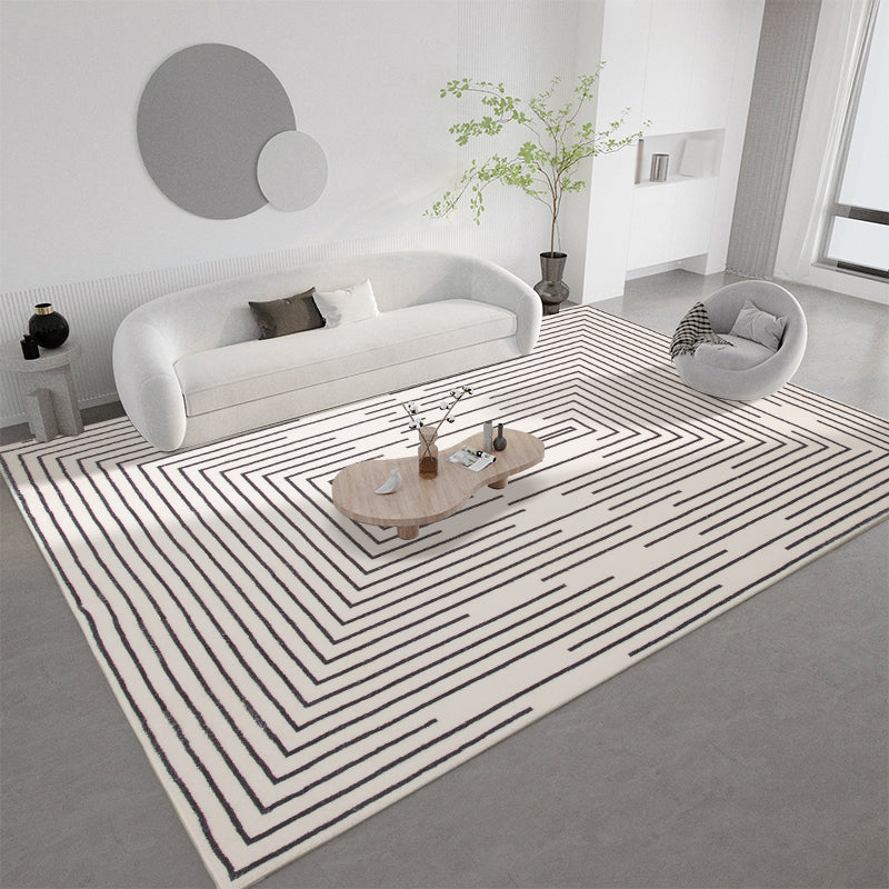 White Modern Area Carpet Stripe Pattern Polyester Area Rug Non-Slip Backing Rug for Home Decor