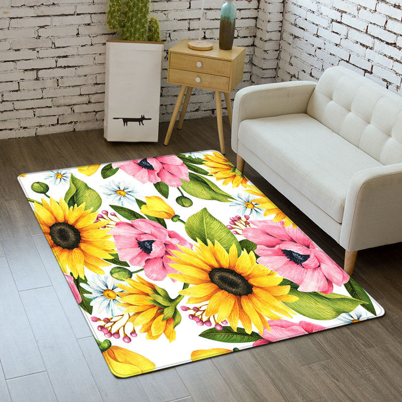 Black Modern Carpet Polyester Flowers Carpet Washable Carpet for Living Room