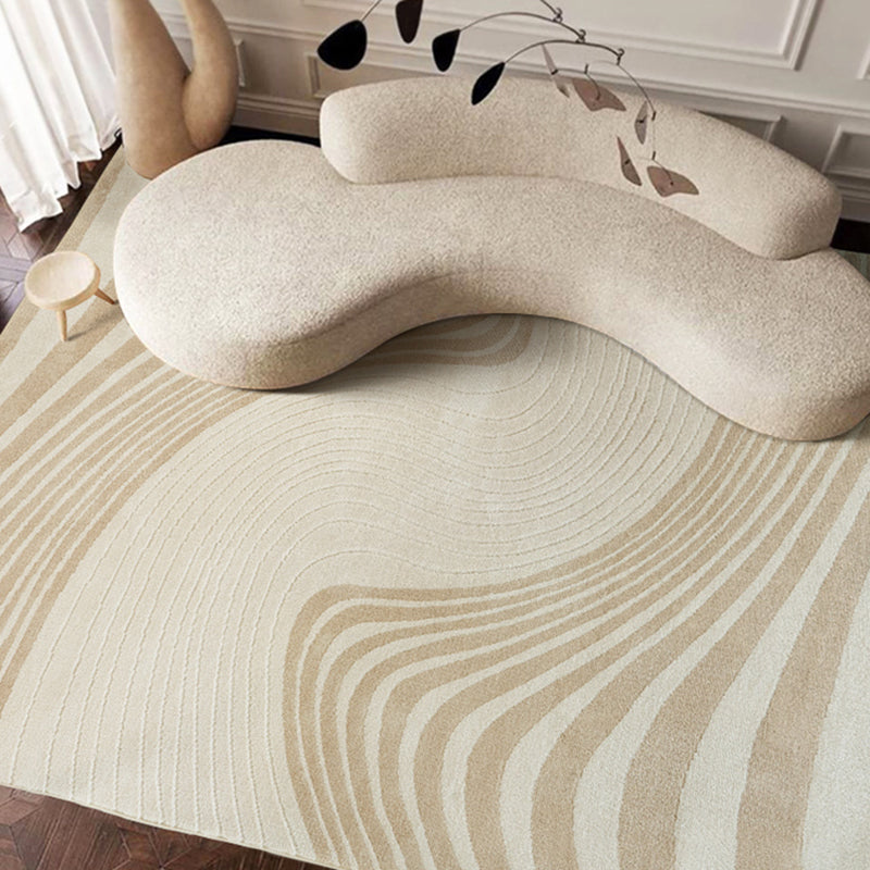Beige Stripe Pattern Area Carpet Modern Polyester Area Rug Anti-Slip Washable Rug for Bedroom