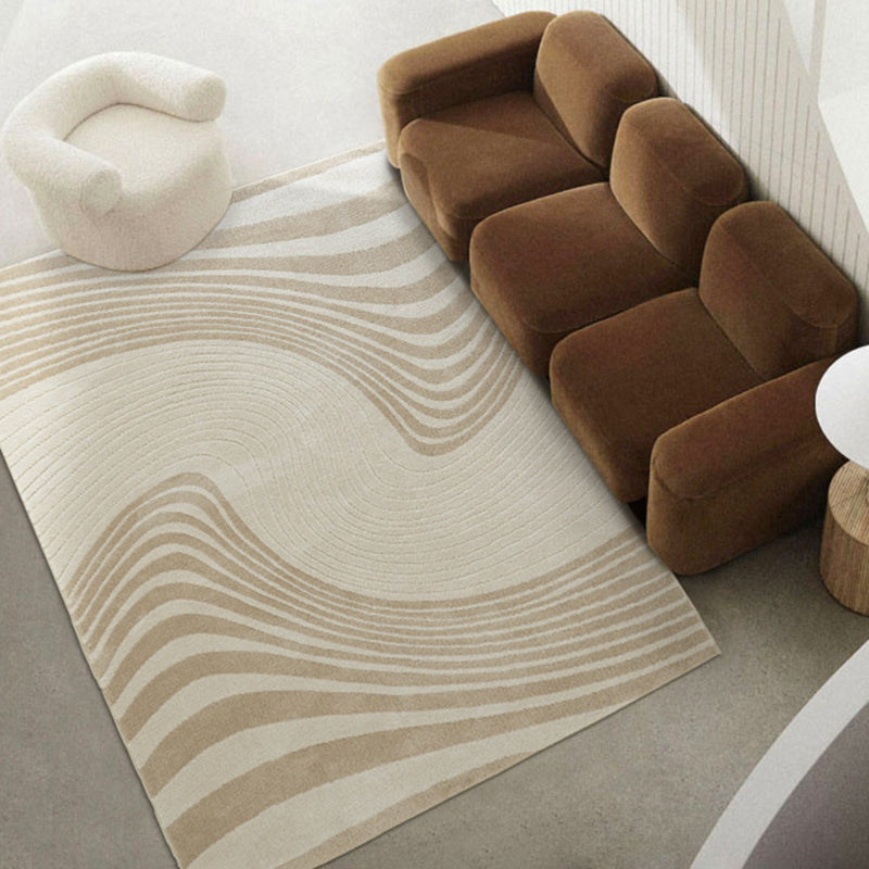 Beige Stripe Pattern Area Carpet Modern Polyester Area Rug Anti-Slip Washable Rug for Bedroom
