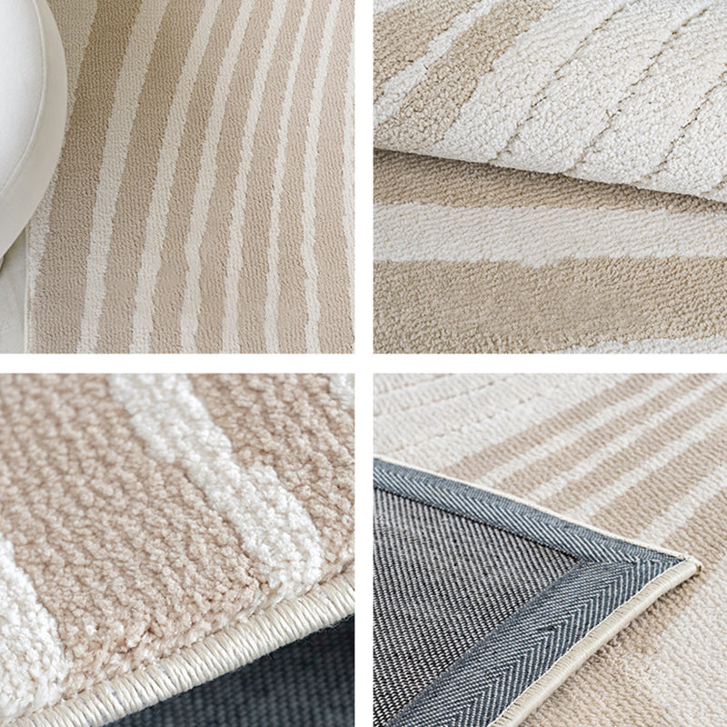 Beige Stripe Pattern Area Carpet Modern Polyester Area Rug Anti-Slip Washable Rug for Bedroom