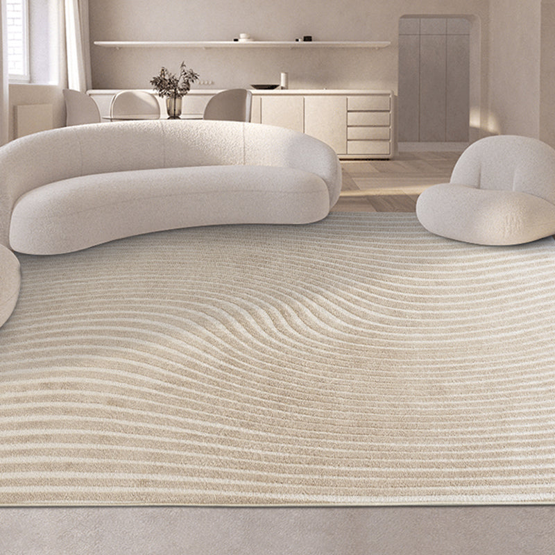 Beige Stripe Pattern Area Carpet Modern Polyester Area Rug Anti-Slip Washable Rug for Bedroom