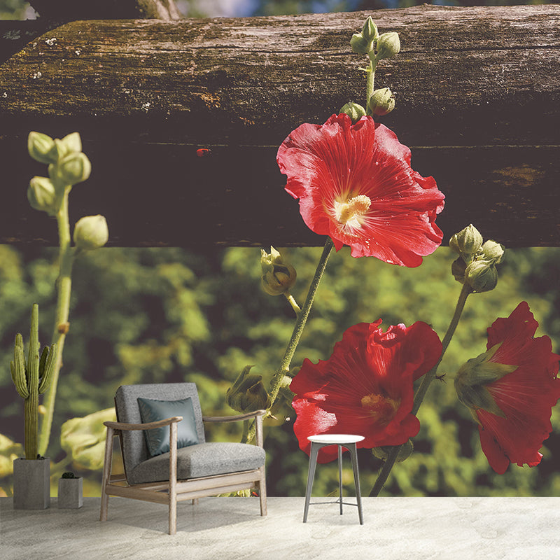 Hollyhock Mural Wall Covering for Living Room Decorative Mildew Resistant Wallpaper