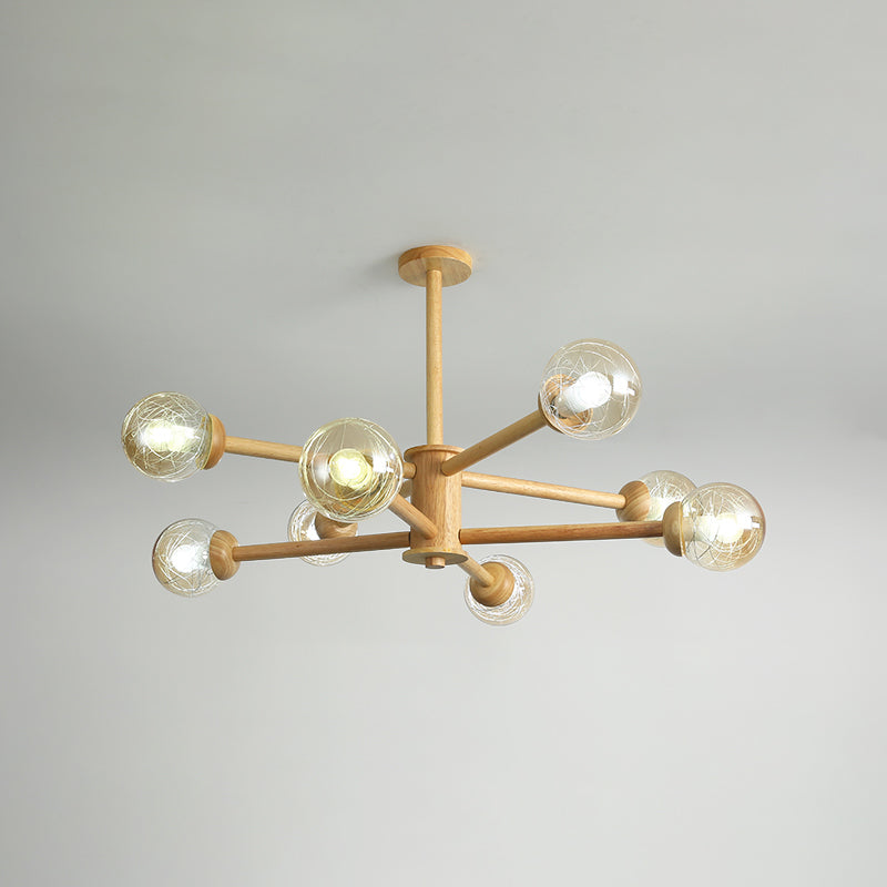 Globe Wood Chandelier Lighting Fixtures Modern Multi-Head Beige Chandelier Lamp with Glass Shade