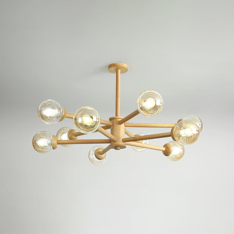 Globe Wood Chandelier Lighting Fixtures Modern Multi-Head Beige Chandelier Lamp with Glass Shade