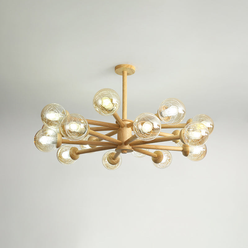 Globe Wood Chandelier Lighting Fixtures Modern Multi-Head Beige Chandelier Lamp with Glass Shade