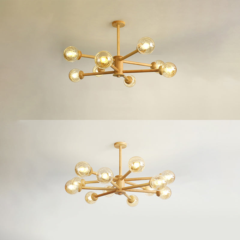 Globe Wood Chandelier Lighting Fixtures Modern Multi-Head Beige Chandelier Lamp with Glass Shade
