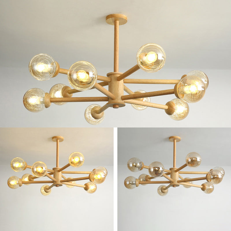 Globe Wood Chandelier Lighting Fixtures Modern Multi-Head Beige Chandelier Lamp with Glass Shade