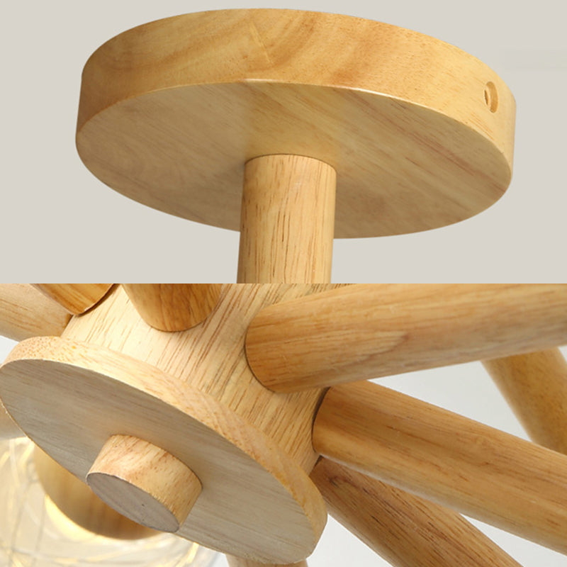 Globe Wood Chandelier Lighting Fixtures Modern Multi-Head Beige Chandelier Lamp with Glass Shade