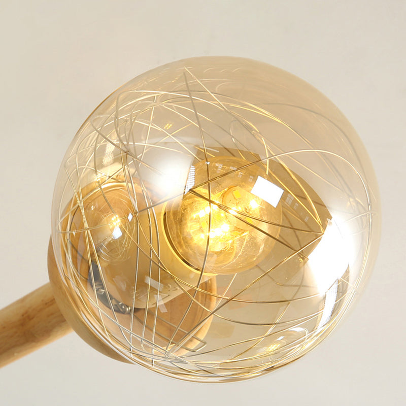 Globe Wood Chandelier Lighting Fixtures Modern Multi-Head Beige Chandelier Lamp with Glass Shade