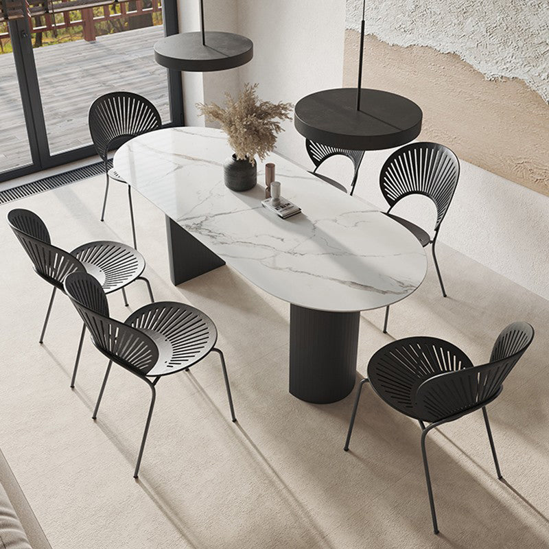 Oval Sintered Stone Dining Table Modern Table in White with Black Metal Double Pedestal