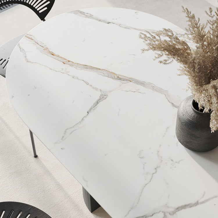 Oval Sintered Stone Dining Table Modern Table in White with Black Metal Double Pedestal