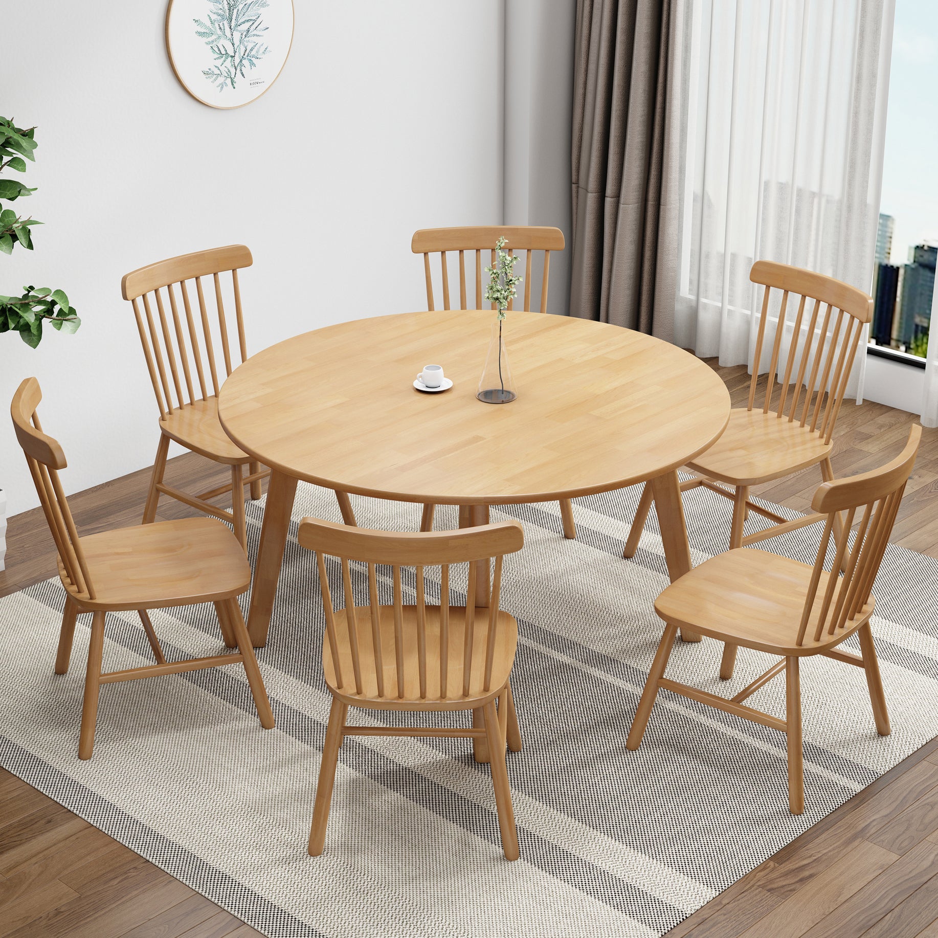 Contemporary Solid Wood Round Dining Table Kitchen Standard Dining Table with 4 Legs Base
