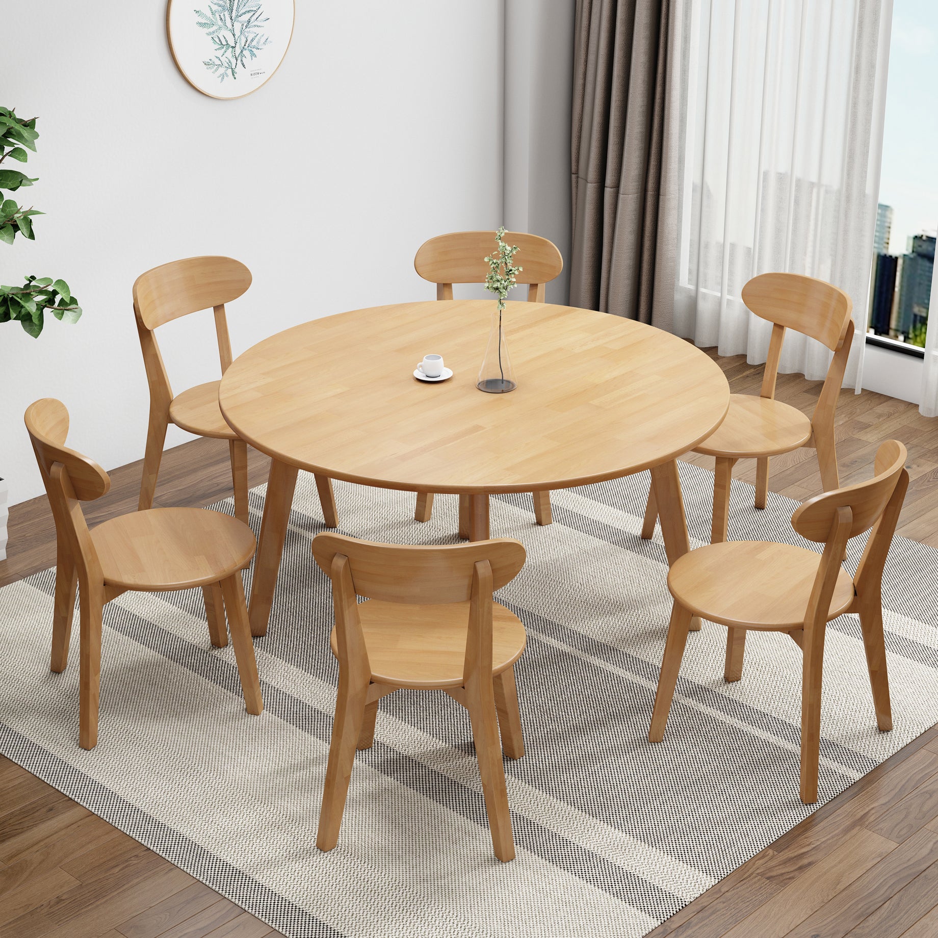 Contemporary Solid Wood Round Dining Table Kitchen Standard Dining Table with 4 Legs Base