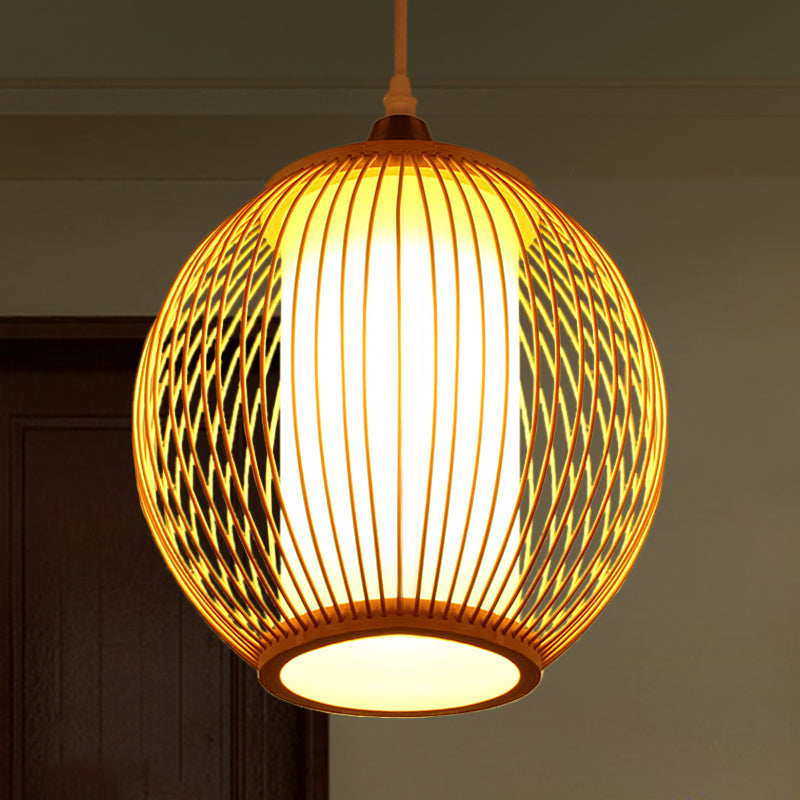 Chinese 1 Head Pendant Lighting Beige Lantern Ceiling Hanging Light with Bamboo Shade