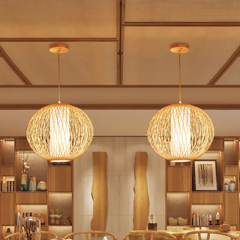 Beige Globe Pendant Lamp Chinese 1 Bulb Bamboo Hanging Light Kit with Inner White Cylinder Fabric Shade