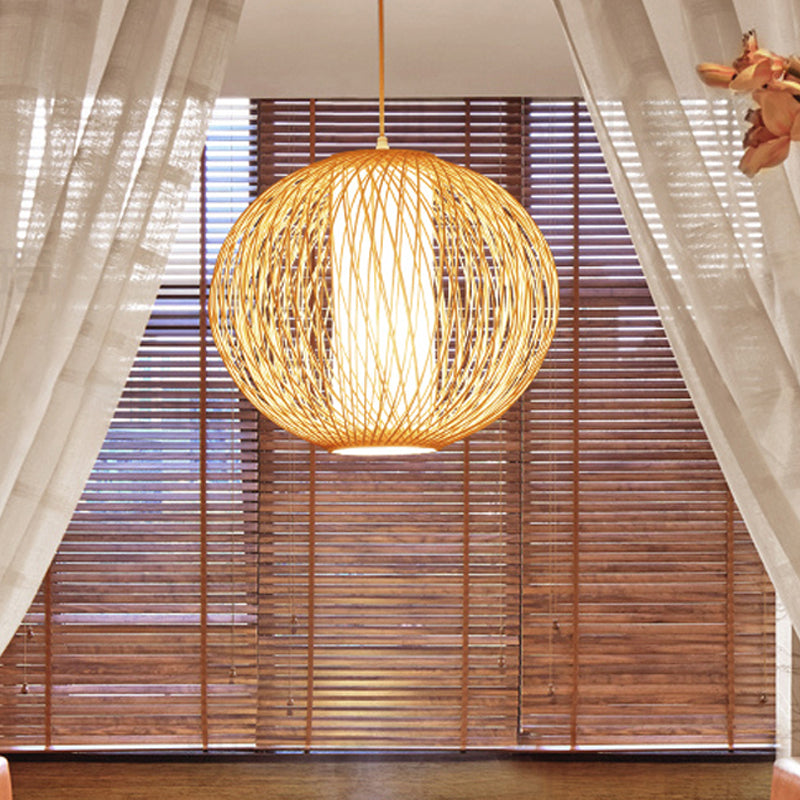 Beige Globe Pendant Lamp Chinese 1 Bulb Bamboo Hanging Light Kit with Inner White Cylinder Fabric Shade