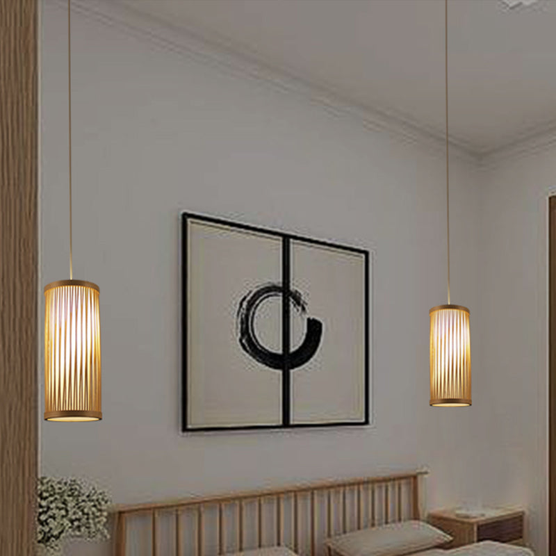 Cylindrical Ceiling Light Japanese Bamboo 1 Head Wood Suspended Lighting Fixture