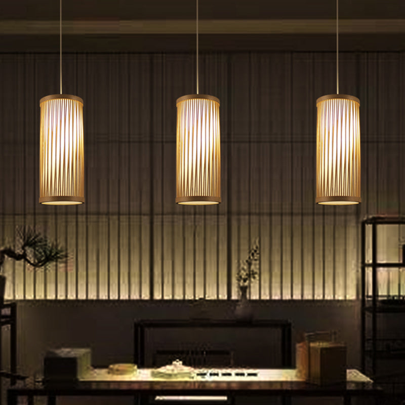 Cylindrical Ceiling Light Japanese Bamboo 1 Head Wood Suspended Lighting Fixture