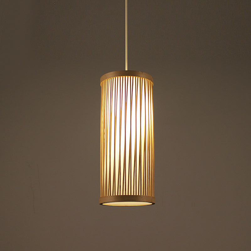 Cylindrical Ceiling Light Japanese Bamboo 1 Head Wood Suspended Lighting Fixture