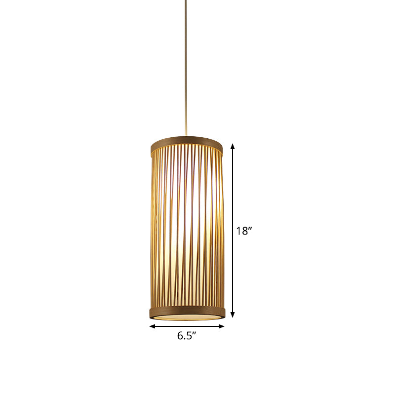 Cylindrical Ceiling Light Japanese Bamboo 1 Head Wood Suspended Lighting Fixture