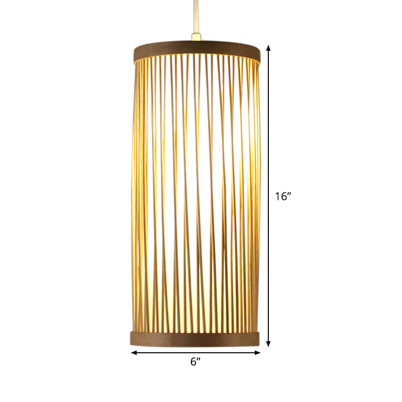Asian 1 Head Pendant Lighting Wood Cylinder Hanging Ceiling Light with Bamboo Shade