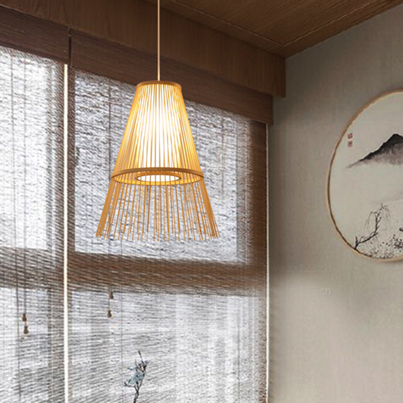 Asian 1 Bulb Hanging Lamp Beige Tapered Pendant Lighting Fixture with Bamboo Shade