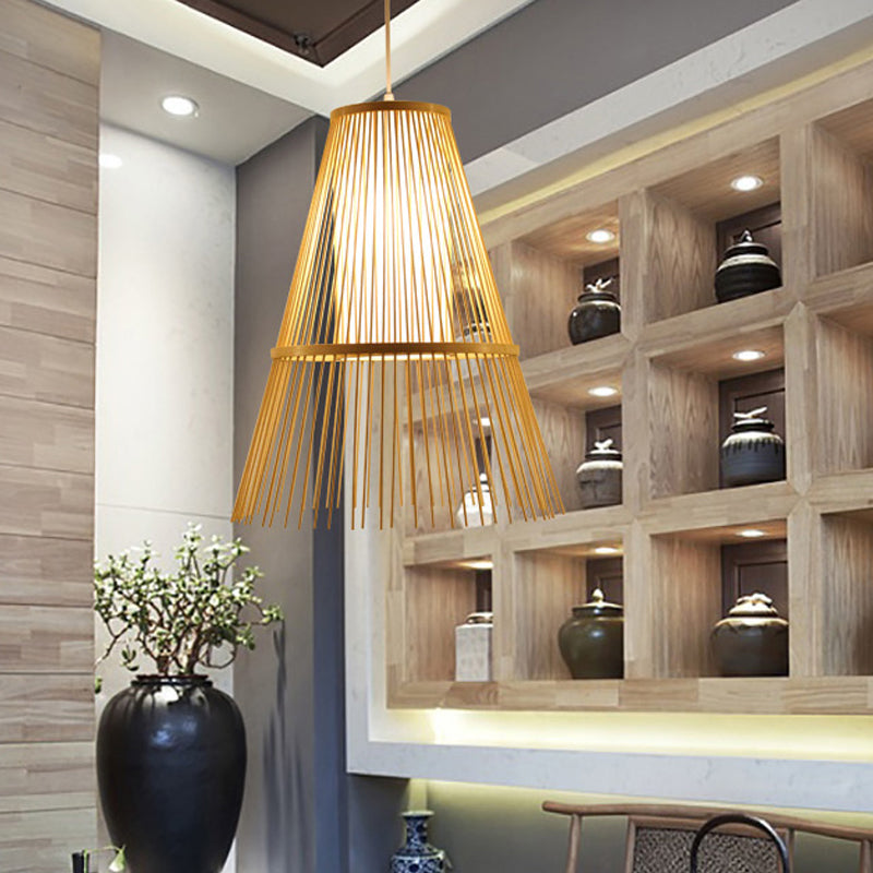 Asian 1 Bulb Hanging Lamp Beige Tapered Pendant Lighting Fixture with Bamboo Shade