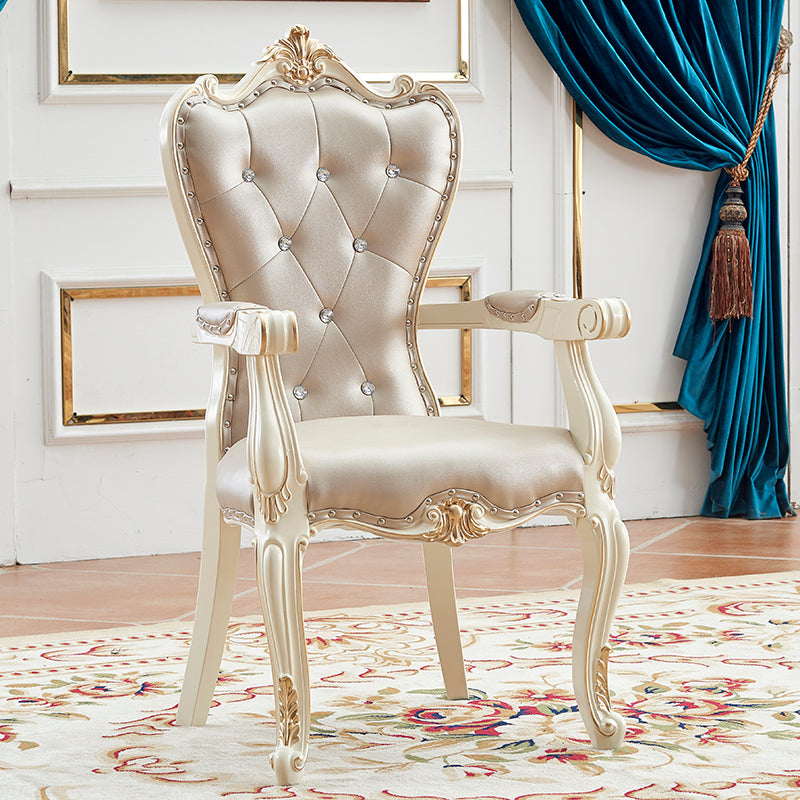 European Style Birch Leather Arm Chair Light Color Solid Back Dining Chair with White Legs
