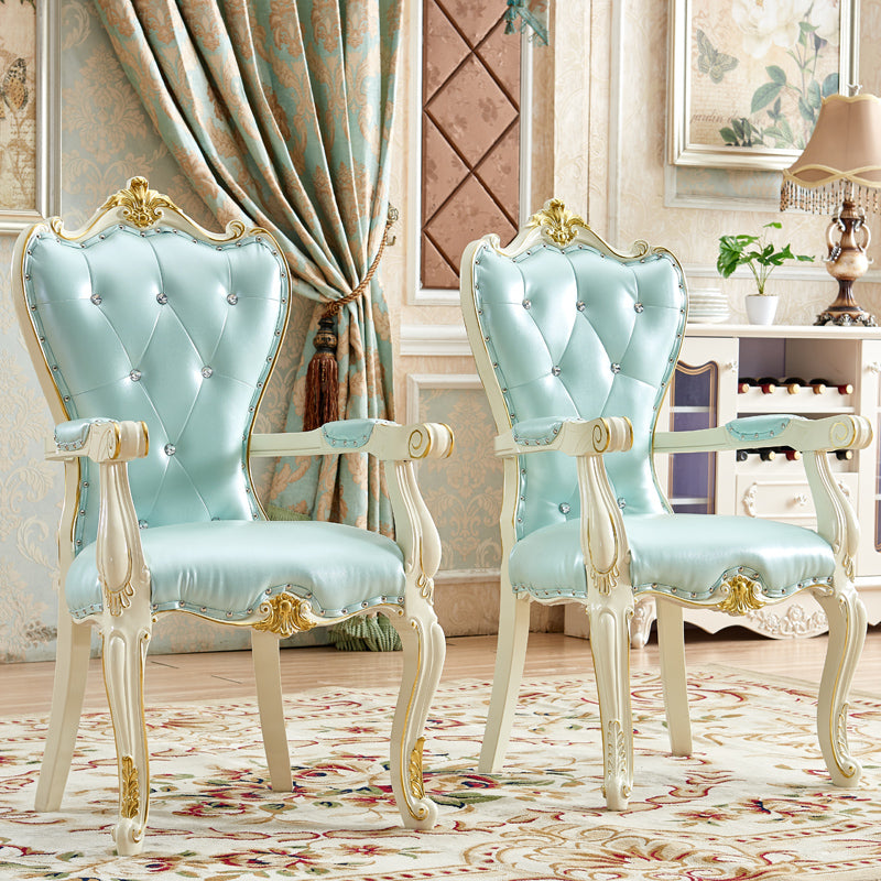European Style Birch Leather Arm Chair Light Color Solid Back Dining Chair with White Legs