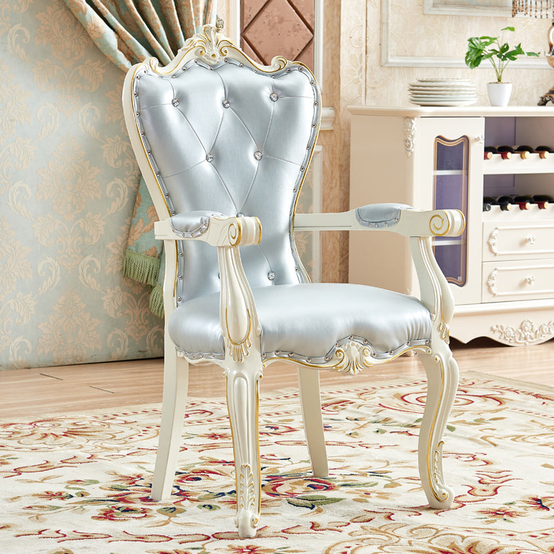European Style Birch Leather Arm Chair Light Color Solid Back Dining Chair with White Legs