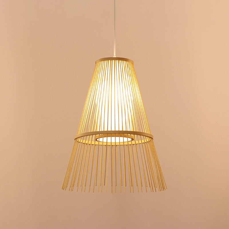 Asian 1 Bulb Hanging Lamp Beige Tapered Pendant Lighting Fixture with Bamboo Shade