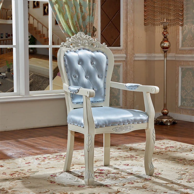 European Style Birch Leather Arm Chair Light Color Solid Back Dining Chair with White Legs