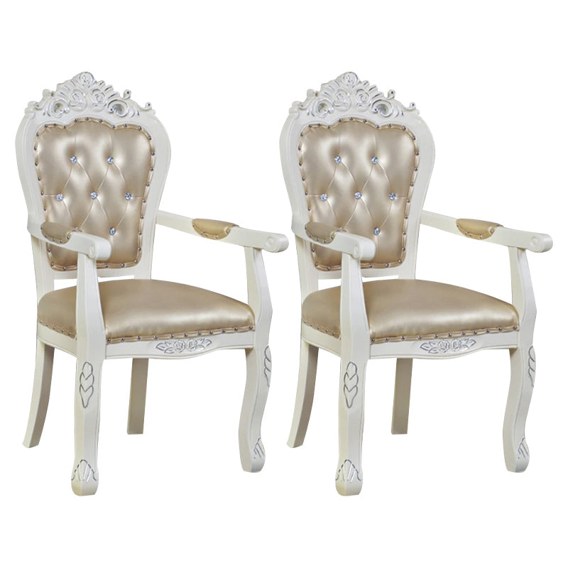 European Style Birch Leather Arm Chair Light Color Solid Back Dining Chair with White Legs