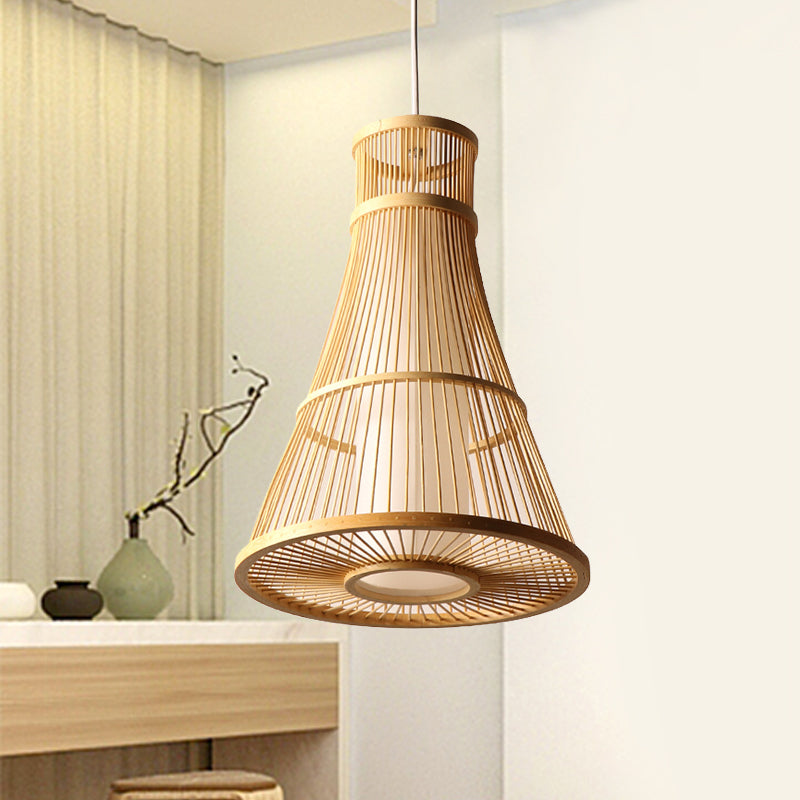 1 Bulb Trumpet Hanging Light Asia Bamboo Suspended Lighting Fixture in Beige for Restaurant